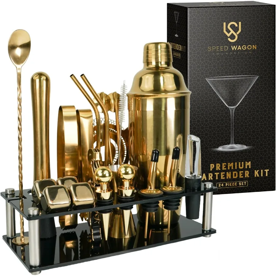 

Mixology Bartender Kit 24 Piece Gold Cocktail Shaker Set w Stand Essential Home Bar Accessories Martini Shaker Jigger Muddler C