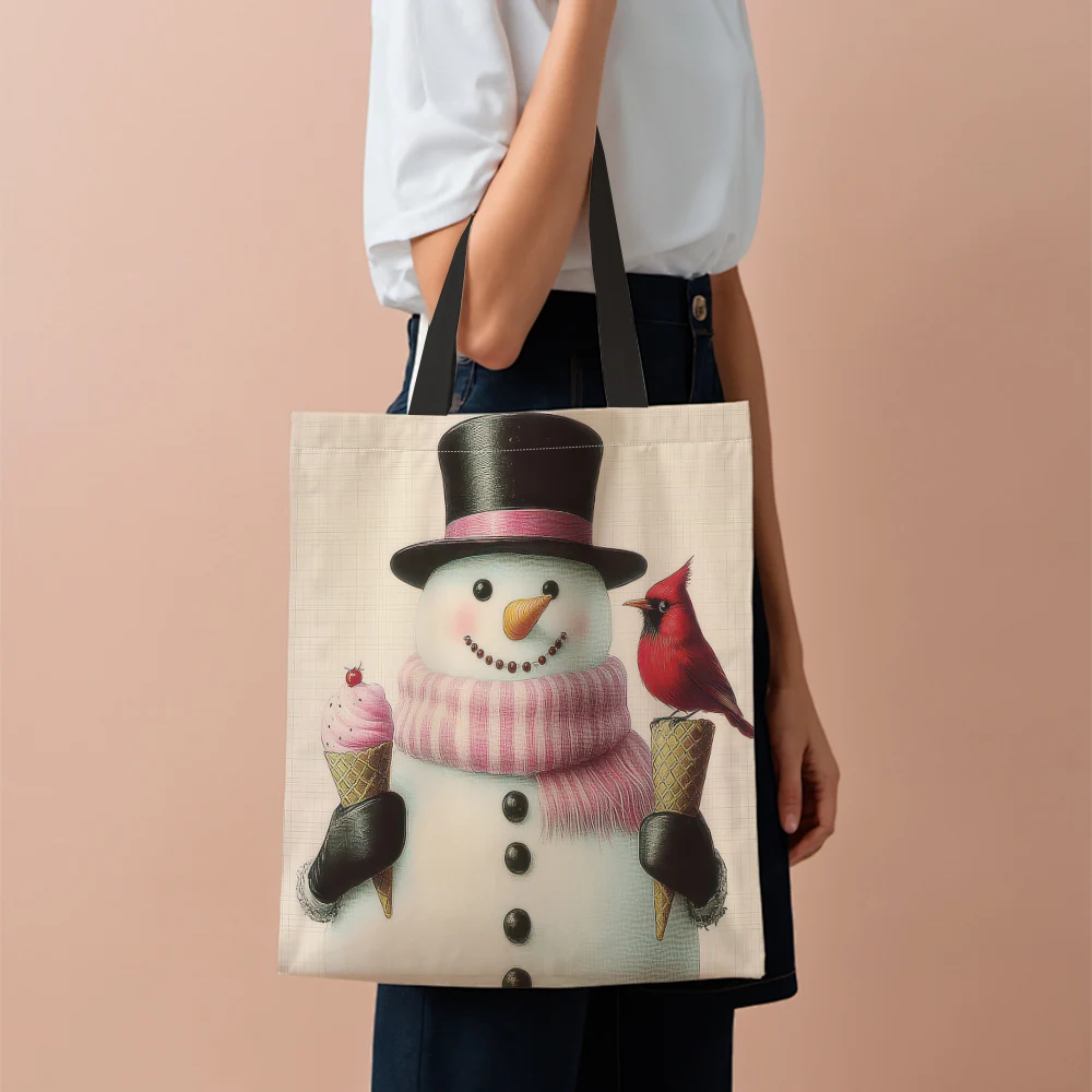 1Pc Vintage Christmas Snowman Santa Reusable Tote Bags Retro Pink Scarf Pattern Fashionable Shopping Bag