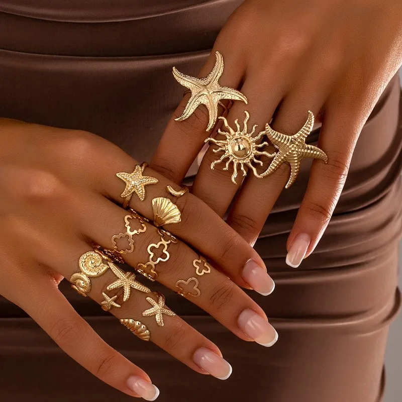 

Exaggerated Trendy Women's Set Starfish Sun Four Leaf Clover Ring Retro Fashion Jewelry Accessories European Style