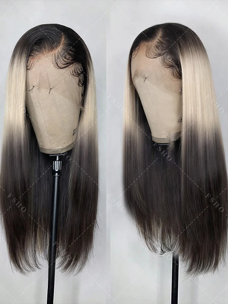 

No Silk Balayage Highlight Ombre Layered Straight Lace Front Wigs Human Hair #613 Blonde Colored 4x4 Lace Frontal Glueless Wigs
