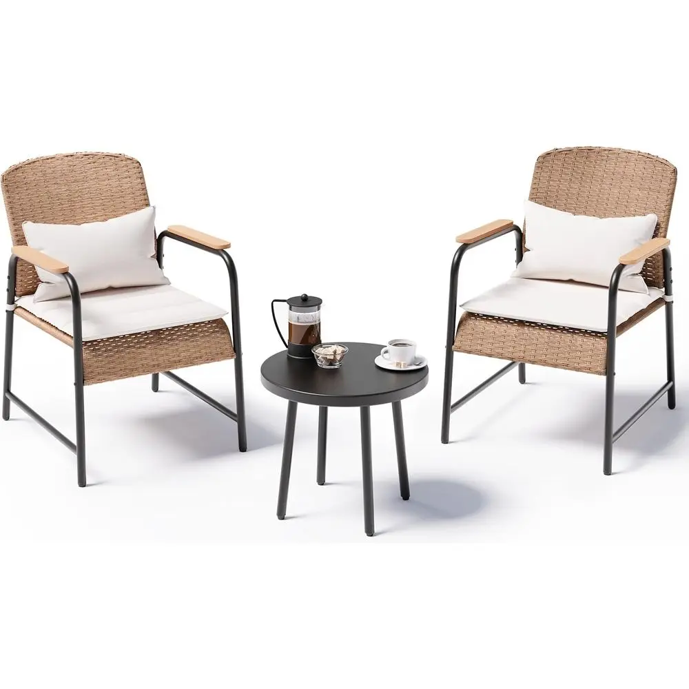 

3-Piece Outdoor Bistro Set: Comfortable Armchairs, Side Table, Weather-Resistant Wicker, Ideal for Patio, Porch, Balcony, Beige