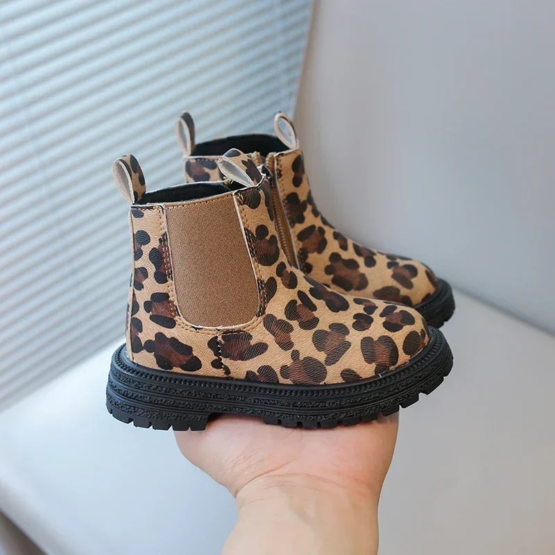 Boys Boots Brown Leopard Prints Classic Little Kids Ankle Boots Side Zipper Fashion Classic Unisex Tide Rubber Boots Breathable