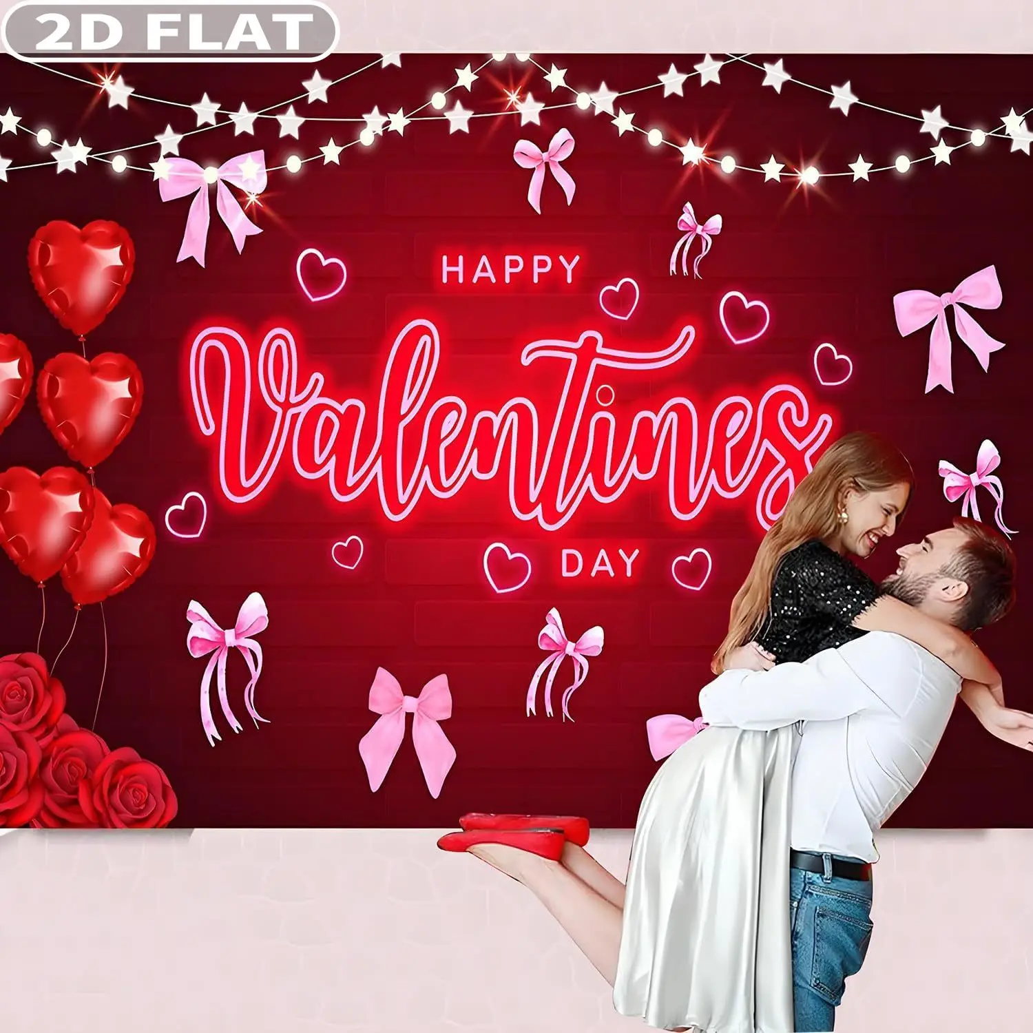 

2D FLAT 1pc Happy Valentine's Day Party Photo Booth Props Banner, 72x44 Inch Polyester 14 February Party Backdrop Red Rose