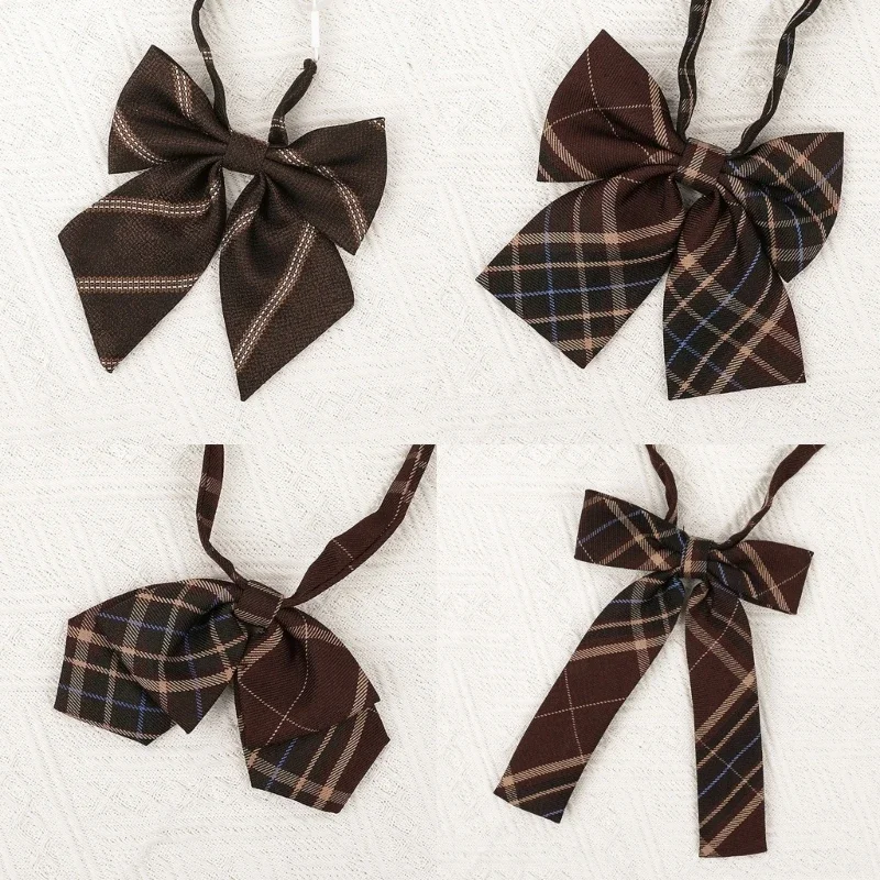 Polyester Silk Pre-Tied Neck Tie Vintage Brown Checkered Striped Necktie JK Girl School Student Uniform Bowknot Bowtie