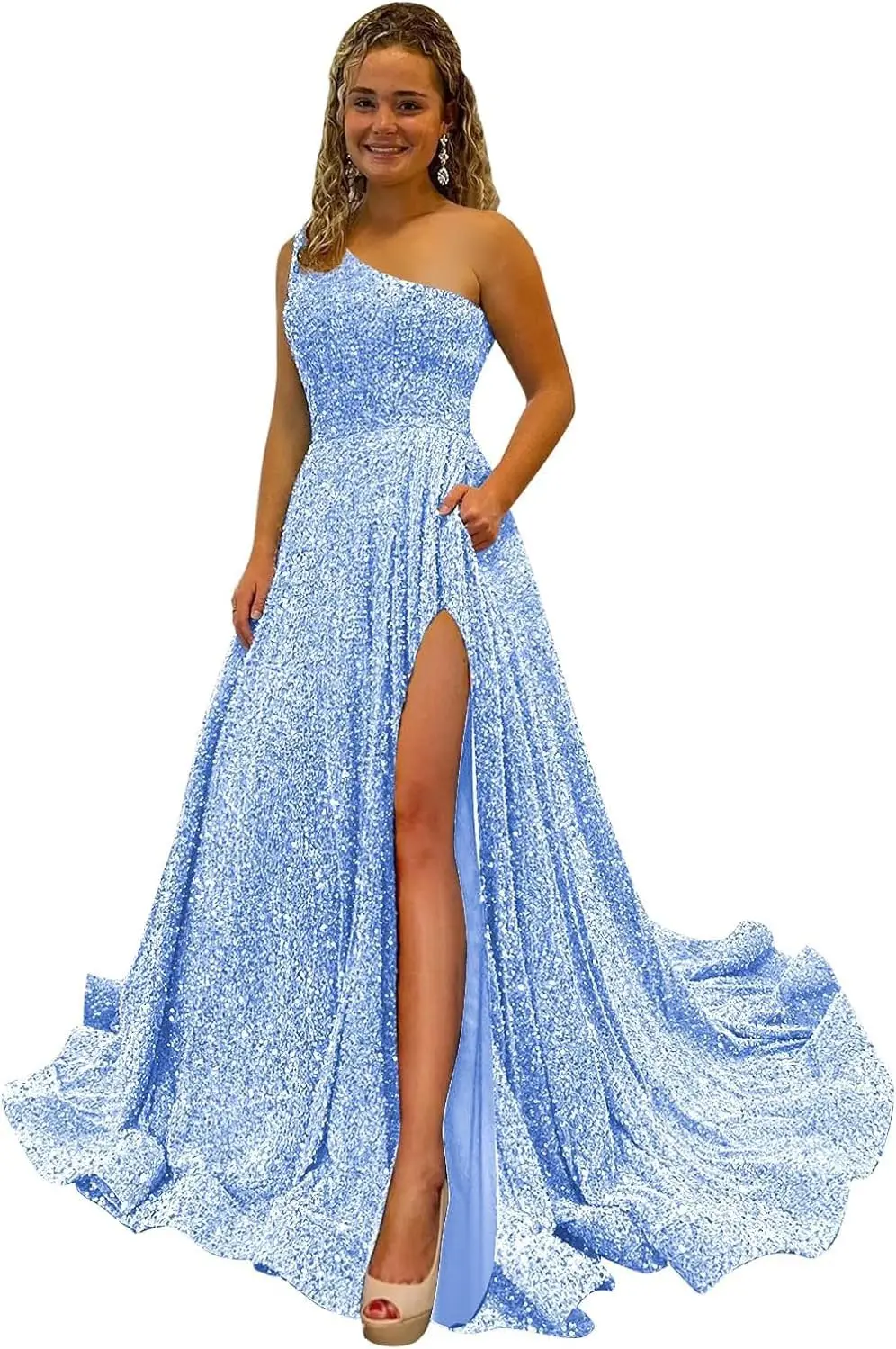 ティーン向けのスパンコール付きプロムドレス キラキラ輝くボールガウン ポケット付きロングイブニングパーティードレス フォーマルドレス 女性用エレガントパーティードレス