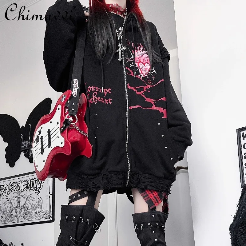 Original Print Japanese Subculture Dark Girl Loose Cat Ear Distressed Hooded Sweatshirt Punk Long Sleeve Hoodies Coat Autumn