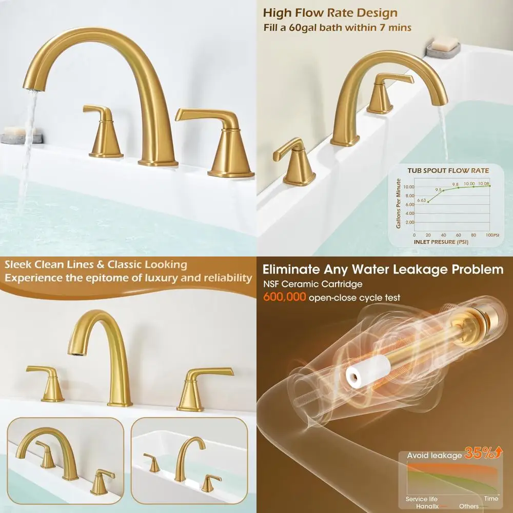 صنبور حوض روماني عالي التدفق معقوفة على سطح السفينة باللون الذهبي المصقول لأحواض الحديقة، 3 فتحات، لمسة نهائية ذهبية مصقولة #1