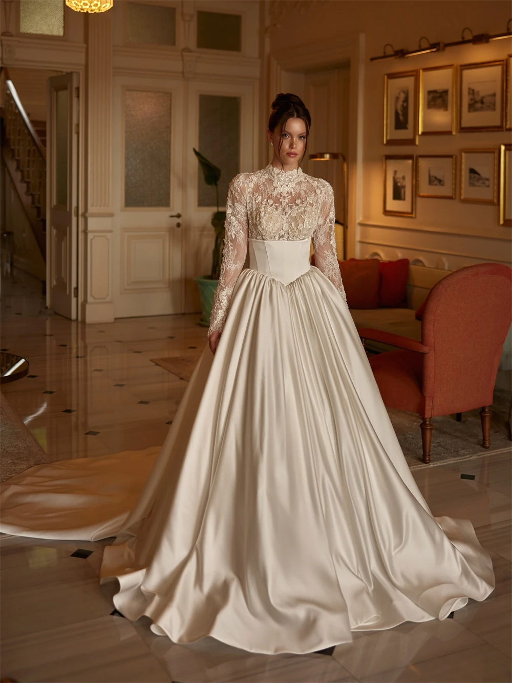 فستان زفاف مثير من الساتان الأبيض مخصص رسمي برقبة دائرية وأكمام طويلة زي العرائس ناعم على شكل حرف a ذيل شابيل فيستدو دي نوفيا #2