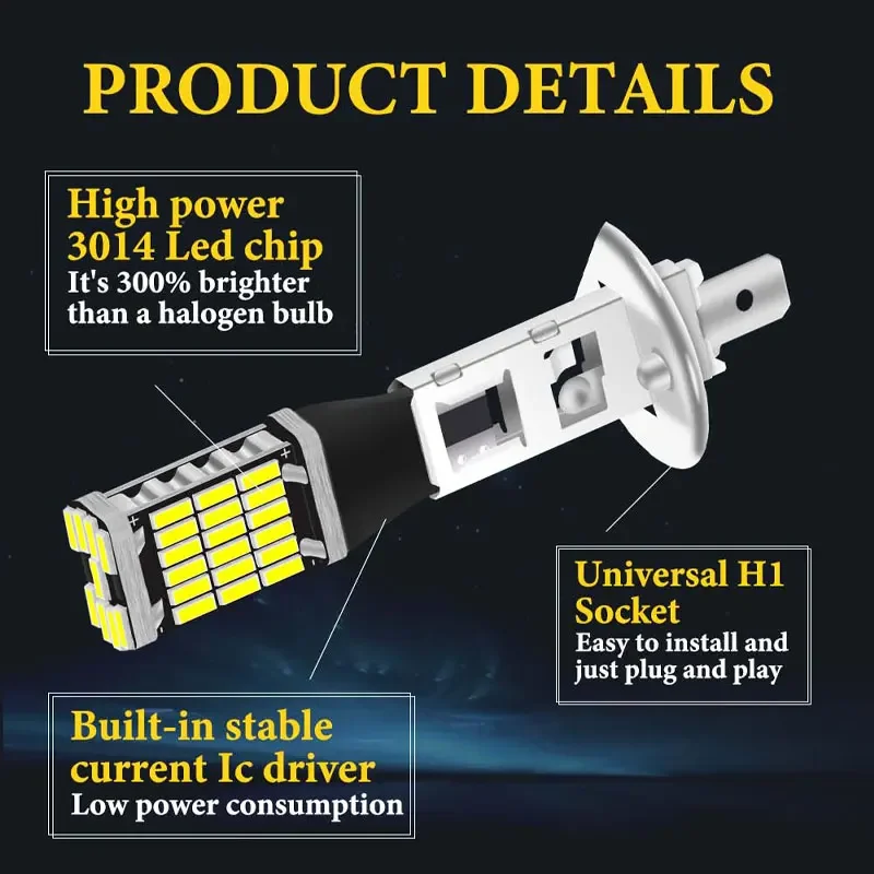 슈퍼 브라이트 주행 DRL 자동 램프, H1 H3 4014 45SMD LED 전구, 안개등, 12v 범용 화이트, 2 개