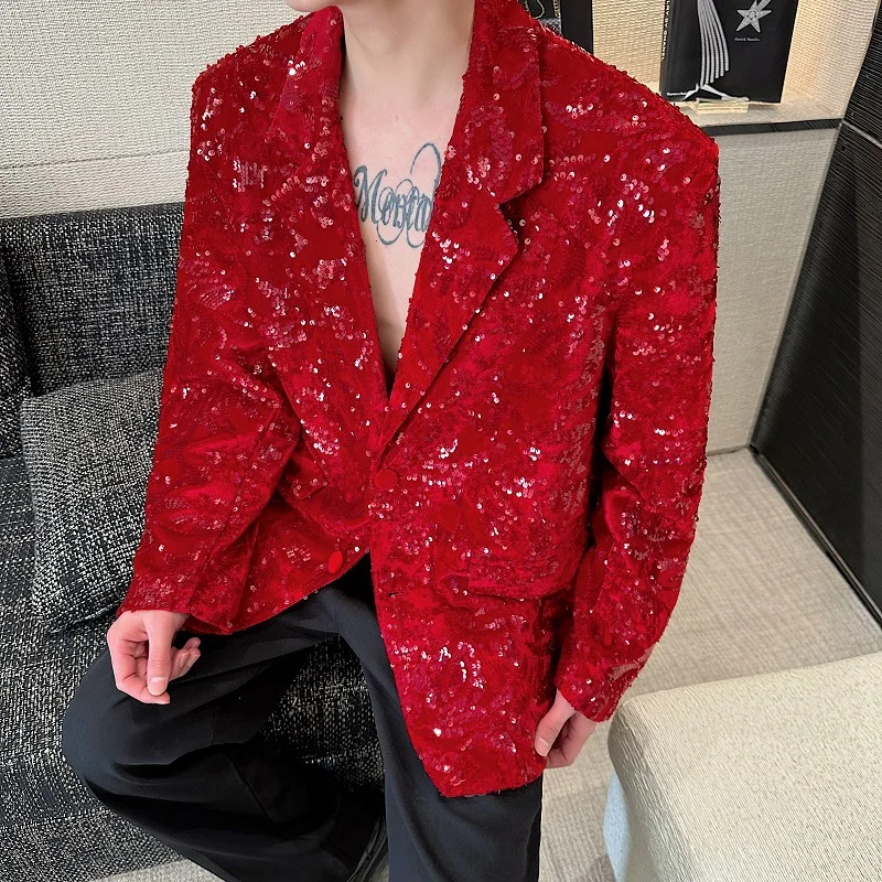 

Мужское модное пальто из красного бархата для выступлений, весна 2025, с длинными рукавами, на пуговицах, повседневный костюмный пиджак