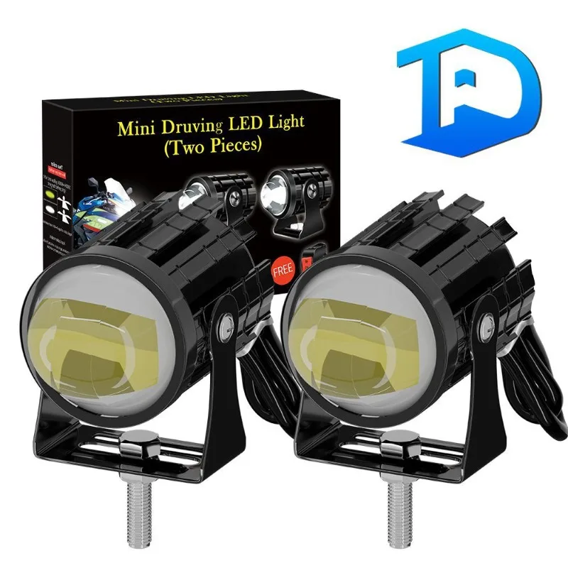 مصباح LED مدفع فولاذي صغير بلونين، مصمم خصيصًا للدراجات النارية. مصباح أمامي من قطعة واحدة مع وظائف قريبة وبعيدة.