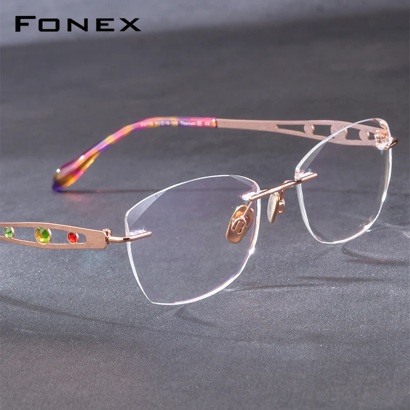 FONEX Luxury Titanium Rimless Eyeglasses Frame Women Famous Brands Designer Diamond Trim Glasses Premium Frameless Eyewear 6119