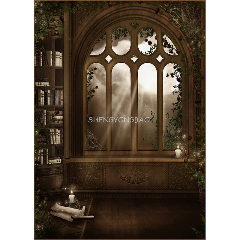 SHENGYONGBAO Goth Fairy Tale Old Palace Bookshelf Arch Window Baby Photography Backdrops Halloween Photo Backgrounds WSH-01