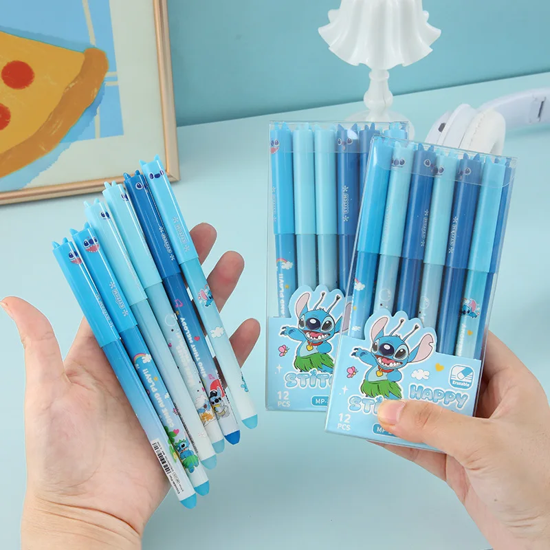 

New Disney Cartoon Stitch Erasable Gel Pens Kawaii Anime 0.5mm Blue Ink Writing Cute School Student Learning Supplies 12PCS