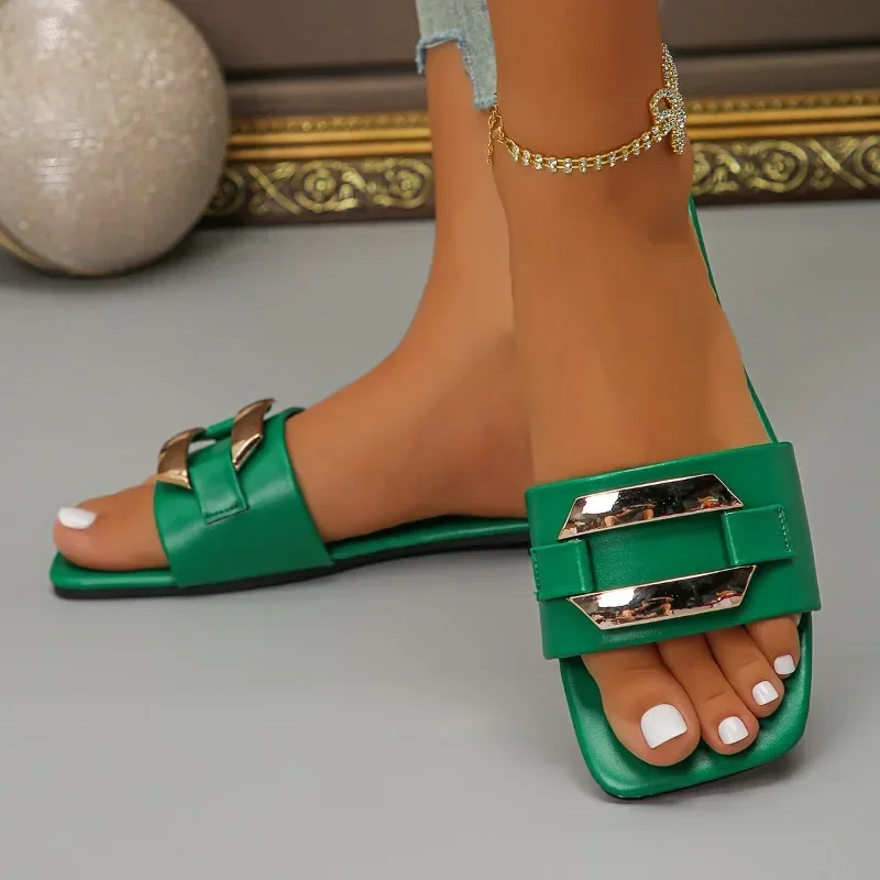 

2025 Shoes Female Plus Size Women's Slippers Hot Sale Casual Slippers Women Metal Decoration Square Toe Flat with Women's Sandal