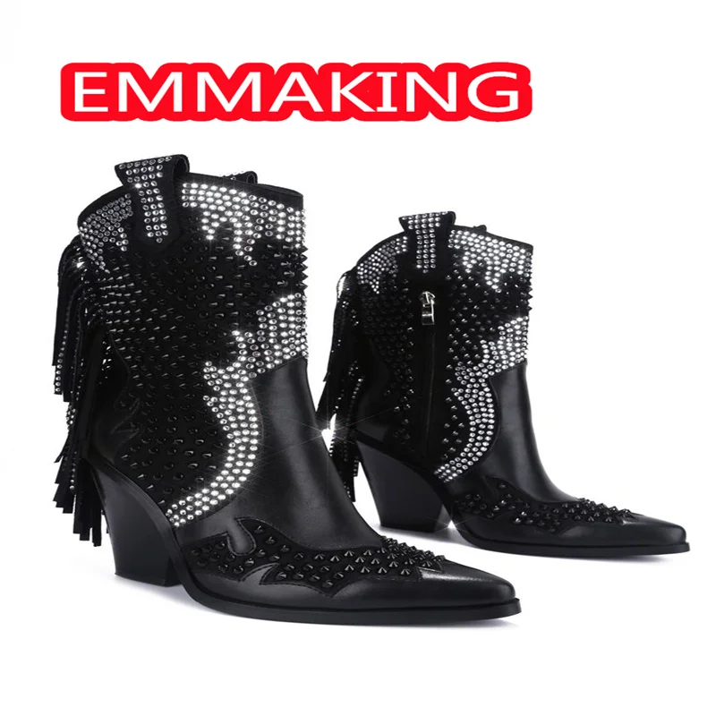 أسود الراين شرابات إسفين الشتاء حذاء من الجلد النساء أشار تو موضة المدرج أحذية السيدات الحفلات عالية الكعب حجم 44