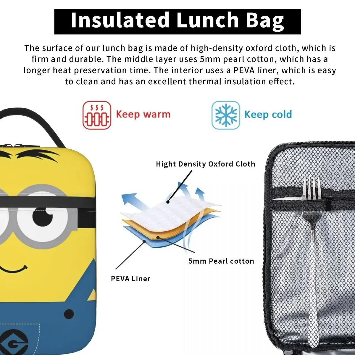 Minions Dave Insulated Lunch Bags Cooler Bag Lunch Container Leakproof Tote Lunch Box Men Women Work Travel