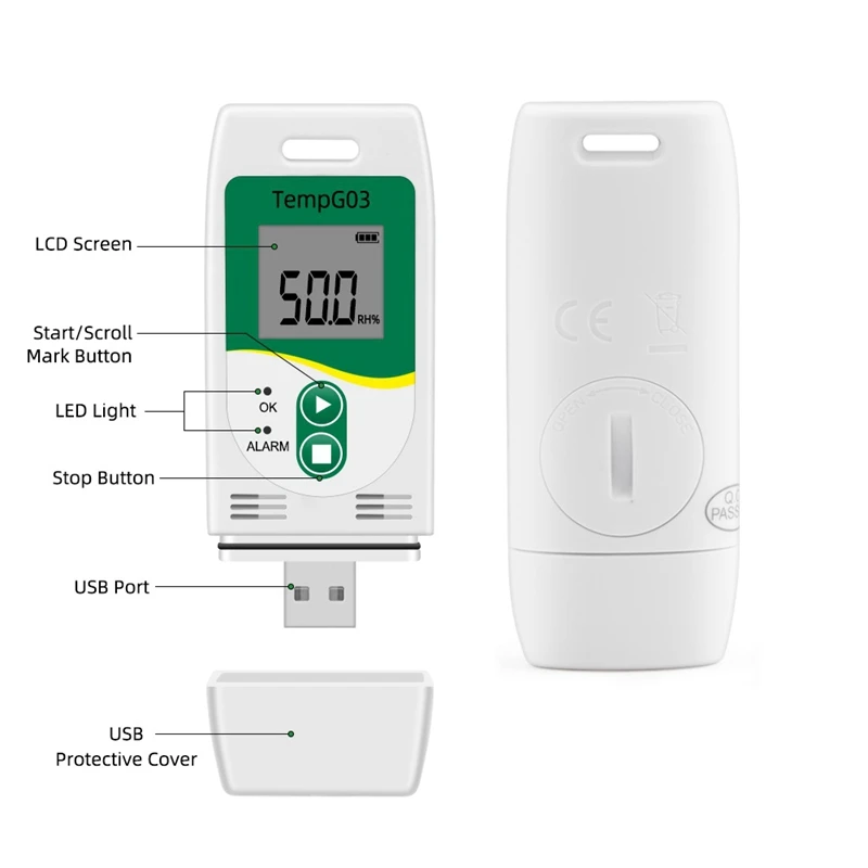 Tempg03 Registrador de datos de temperatura y humedad USB Registrador de datos de temperatura reutilizable Medidor de grabación de humedad con capacidad de 32,000