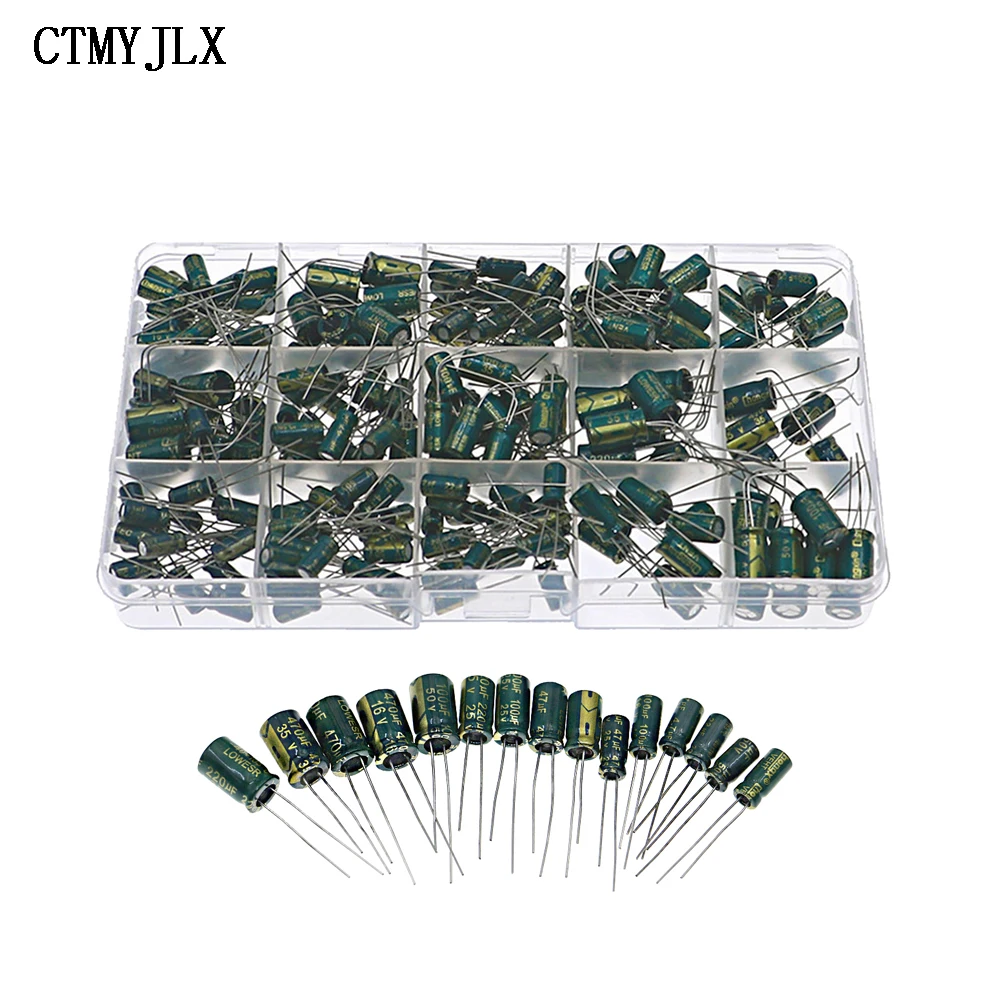 

225Pcs Capacitor Kit Aluminum Electrolytic Capacitors Set 15Values 16V-50V 1uF-470uF Assorted Kit Storage Low ESR Capacitors