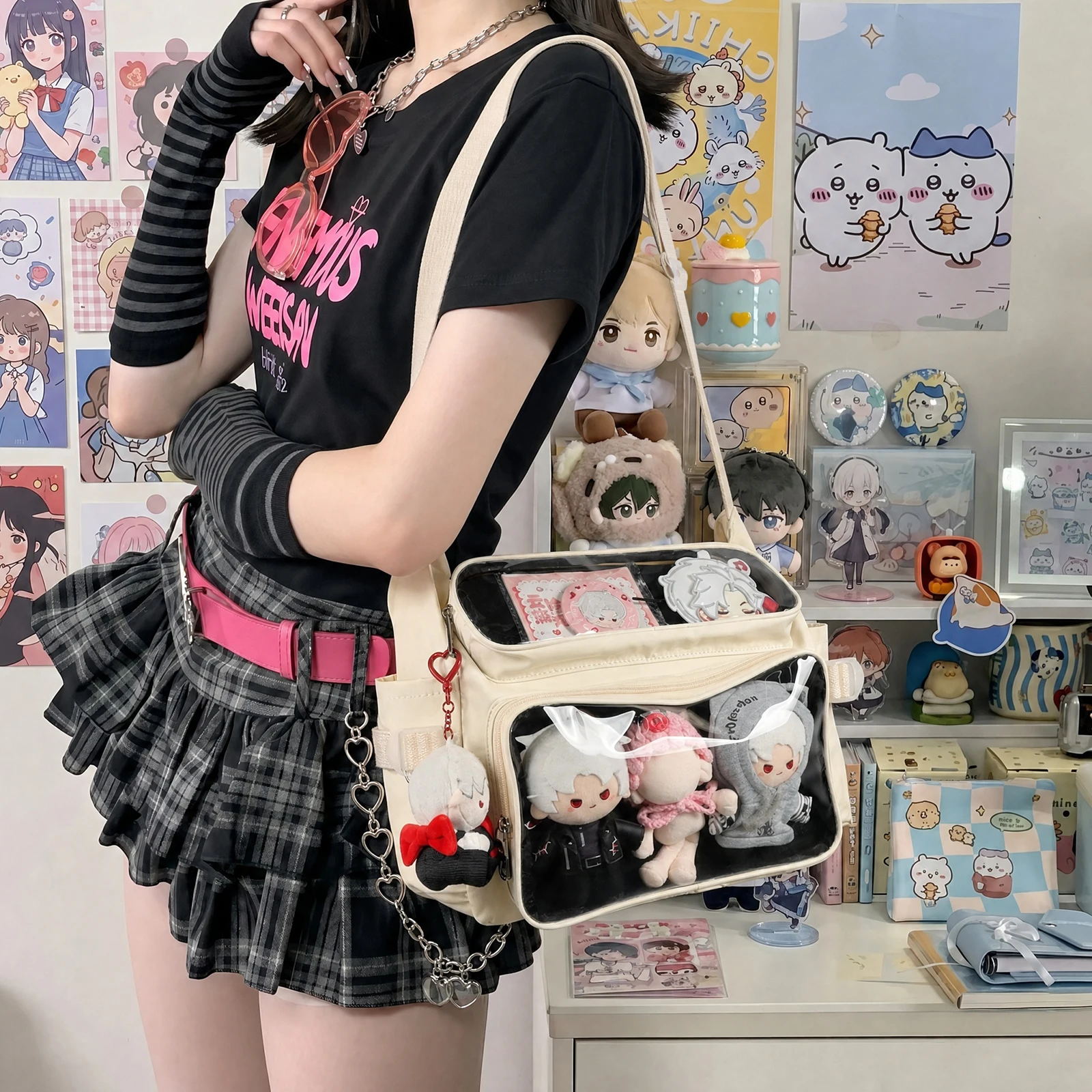 Japanese Style Ita Bag Versatile Double Clear Display Windows Shoulder Bag Large Capacity Kawaii Pastel Colors Student Tote Bag