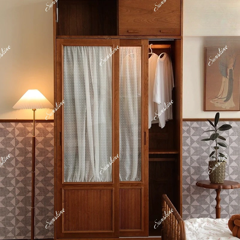 French retro solid wood wardrobe glass white gauze curtain, wardrobe