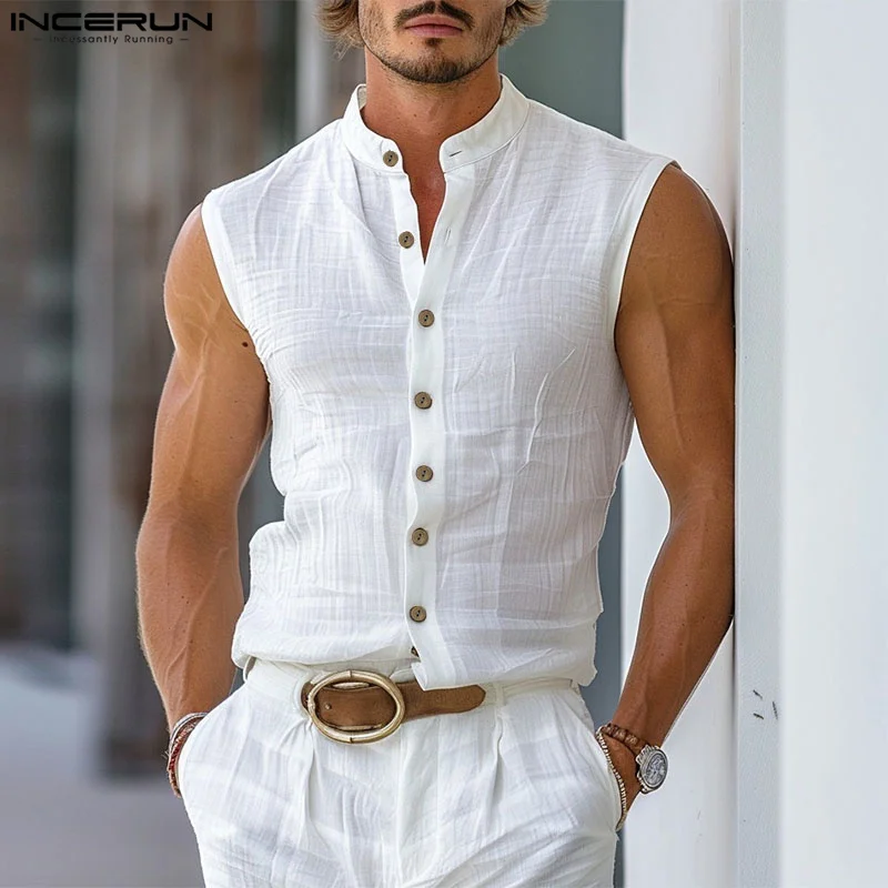 INCERUN Men Shirt Solid Color Stand Collar Sleeveless Button Casual Men Clothing Streetwear Summer 2024 Fashion Camisas S-5XL