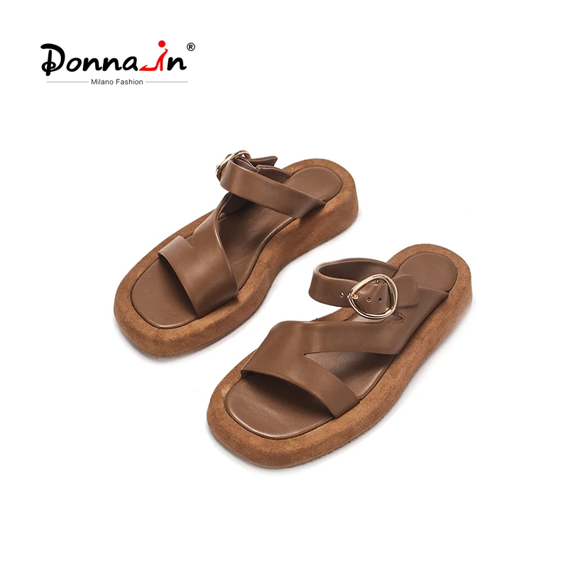 Donna-in Women Platform Sandals Comfortable Sheepskin Leather Thick Sole Open Toe Minimalist Design Metal Buckle Lady Slippers