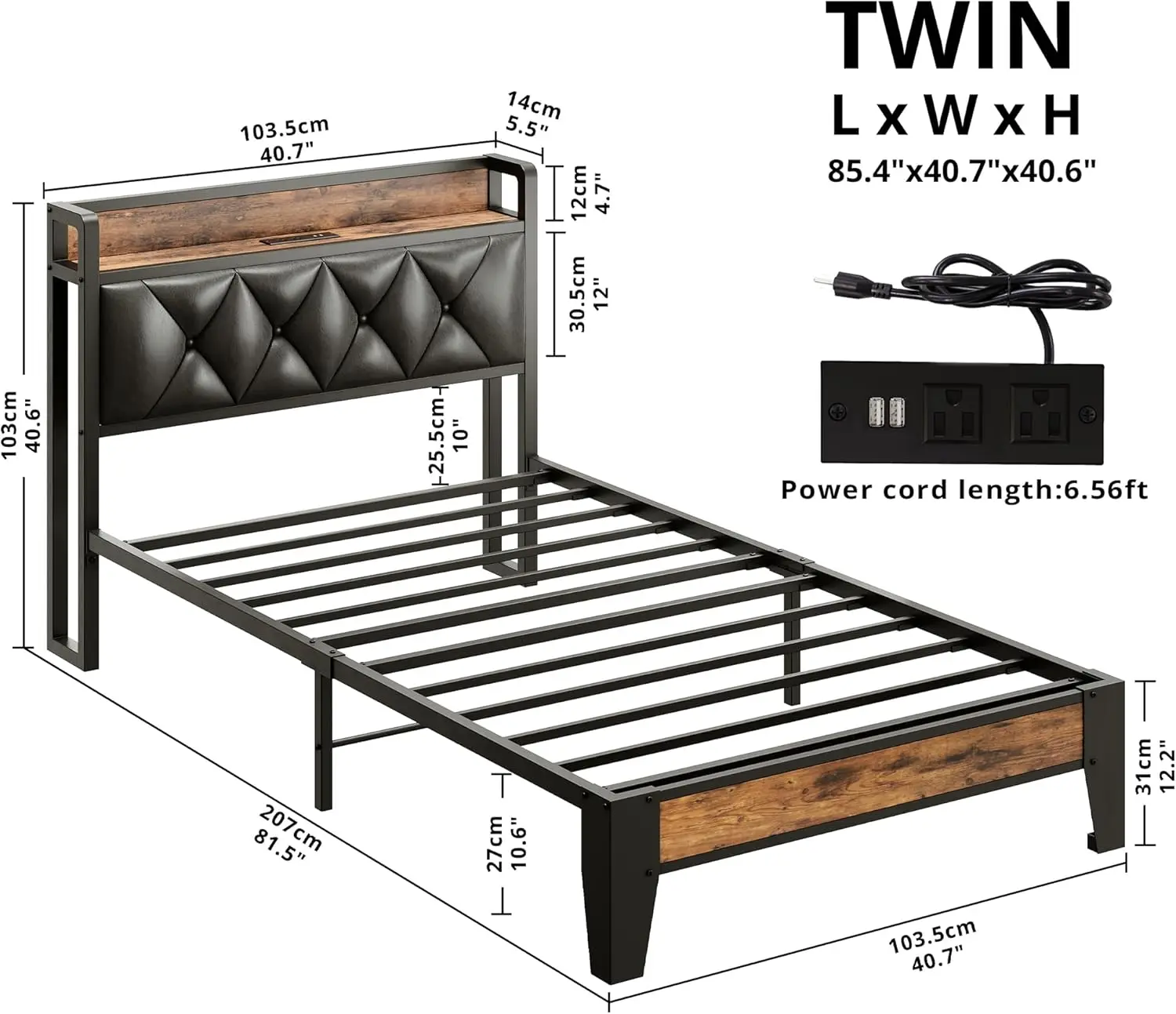 Double bed frame, storage headboard with socket, easy to install, no noise, no need for box springs, country brown and black