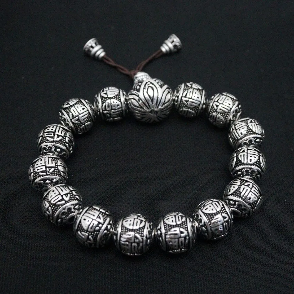 Real Pure 999 Fine Silver Men 13mm Lucky Lotus Characters Fu Beads Bracelet 84-85g