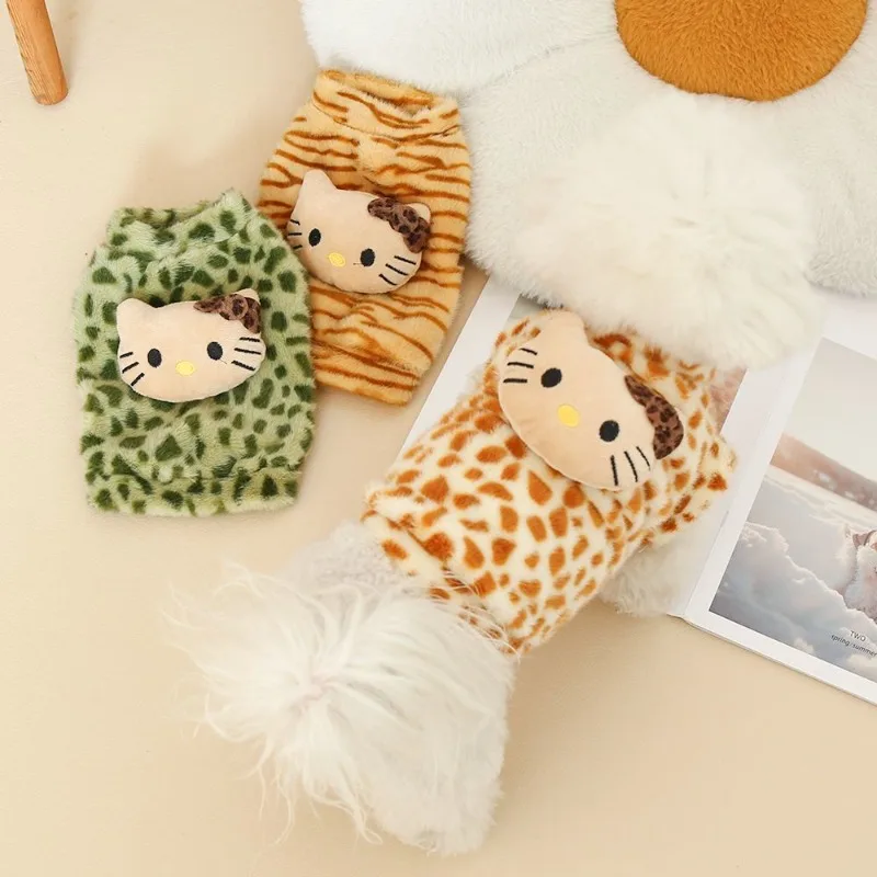 

Sanrio Hello Kitty Plush Pet Hoodie, Leopard Print Warm Pullover for Dogs Cats, Cute Winter Clothes with Striped Sleeves