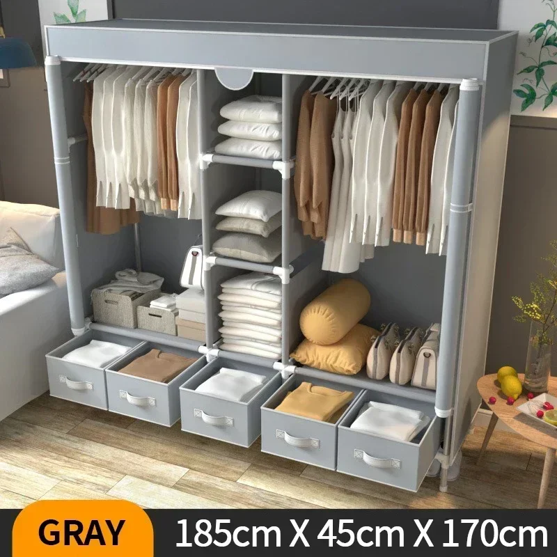 Wardrobe, Reinforced and thickened 19mm steel pipe simple closet, large-sized moisture-proof and dustproof,with 5 storage boxes