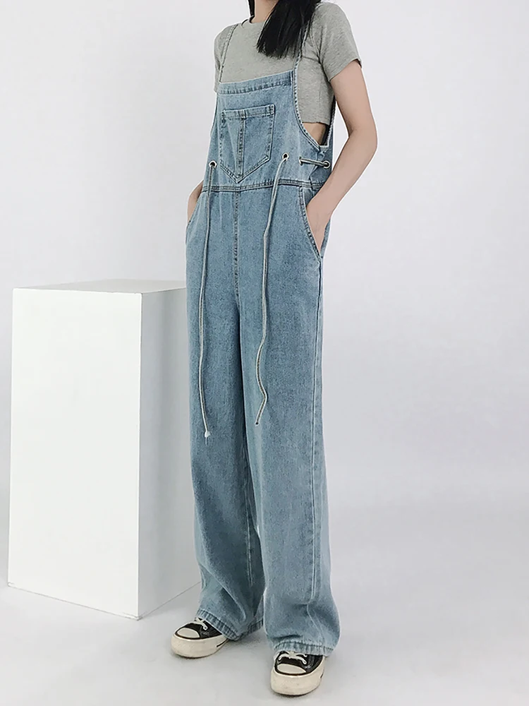 

Fashion Women High Waist Baggy Denim Pants Overalls Lace Up Suspender Trousers Stright Loose Wide Leg Jeans Jumpsuits Streetwear