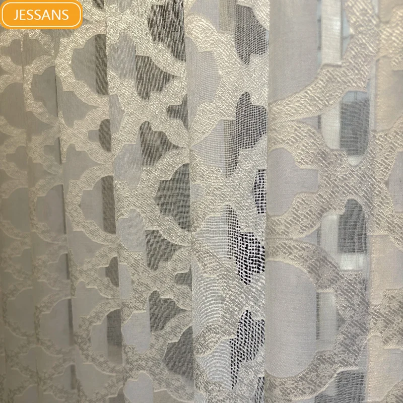 New Cotton and Linen Jacquard White Yarn Embroidered Window Screen Living Room Balcony Bedroom French Window Customized