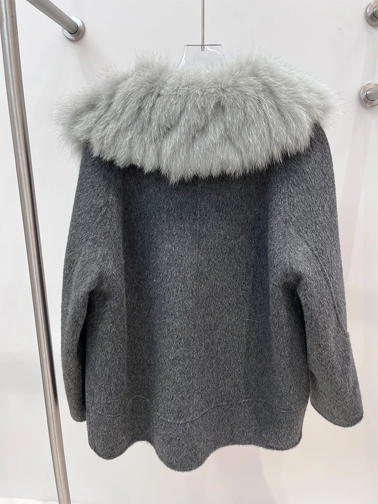 2025 frauen Winter Warme Natürliche Echt Fox Pelz Kragen Woolen Jacke Weibliche Luxus Damen Jacken Streetwear