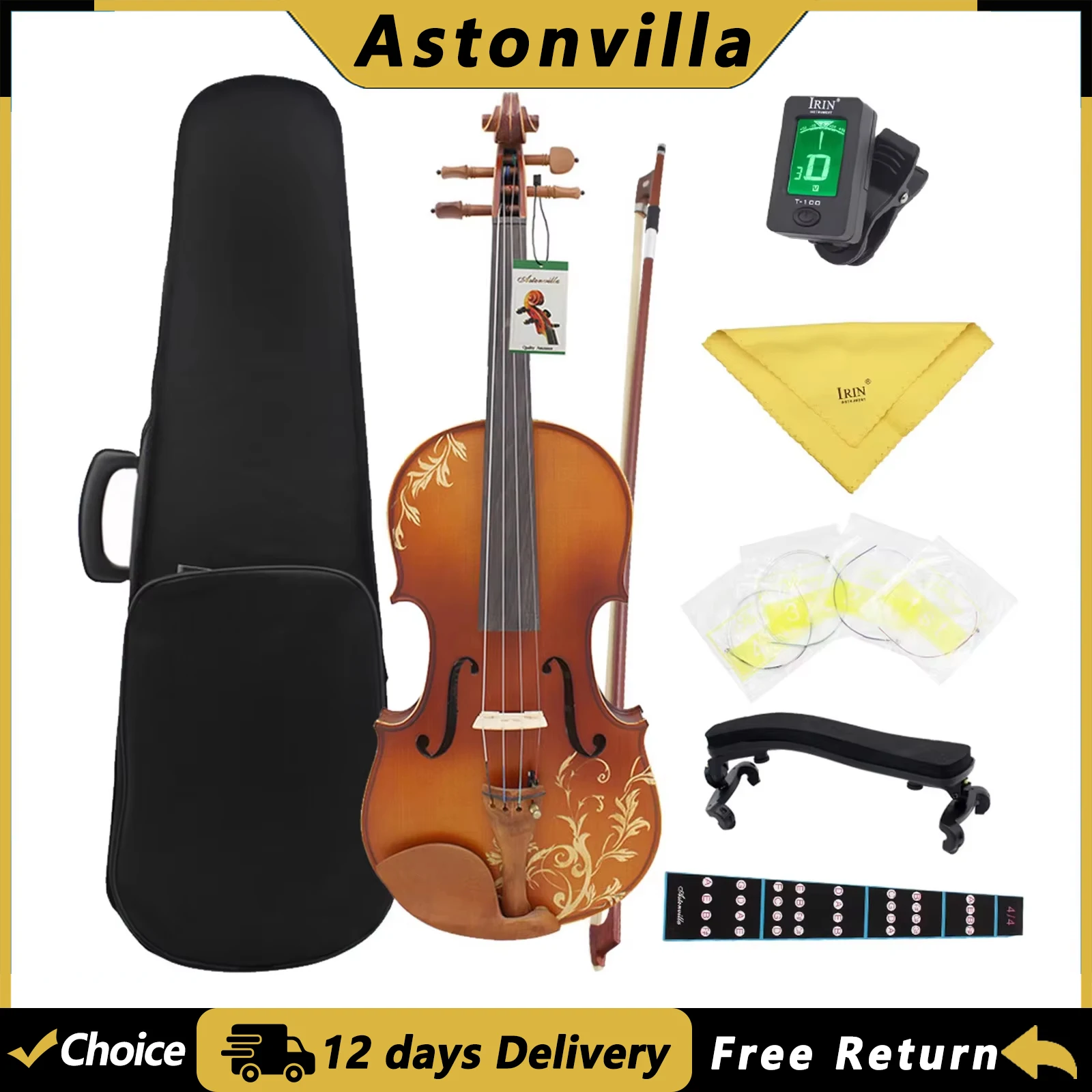 Astonvilla AV-608 4/4 Violin Solid Wood Acoustic Violin with Case Bow Strings Shoulder Rest Tuner Cloth Violin Parts Accessories