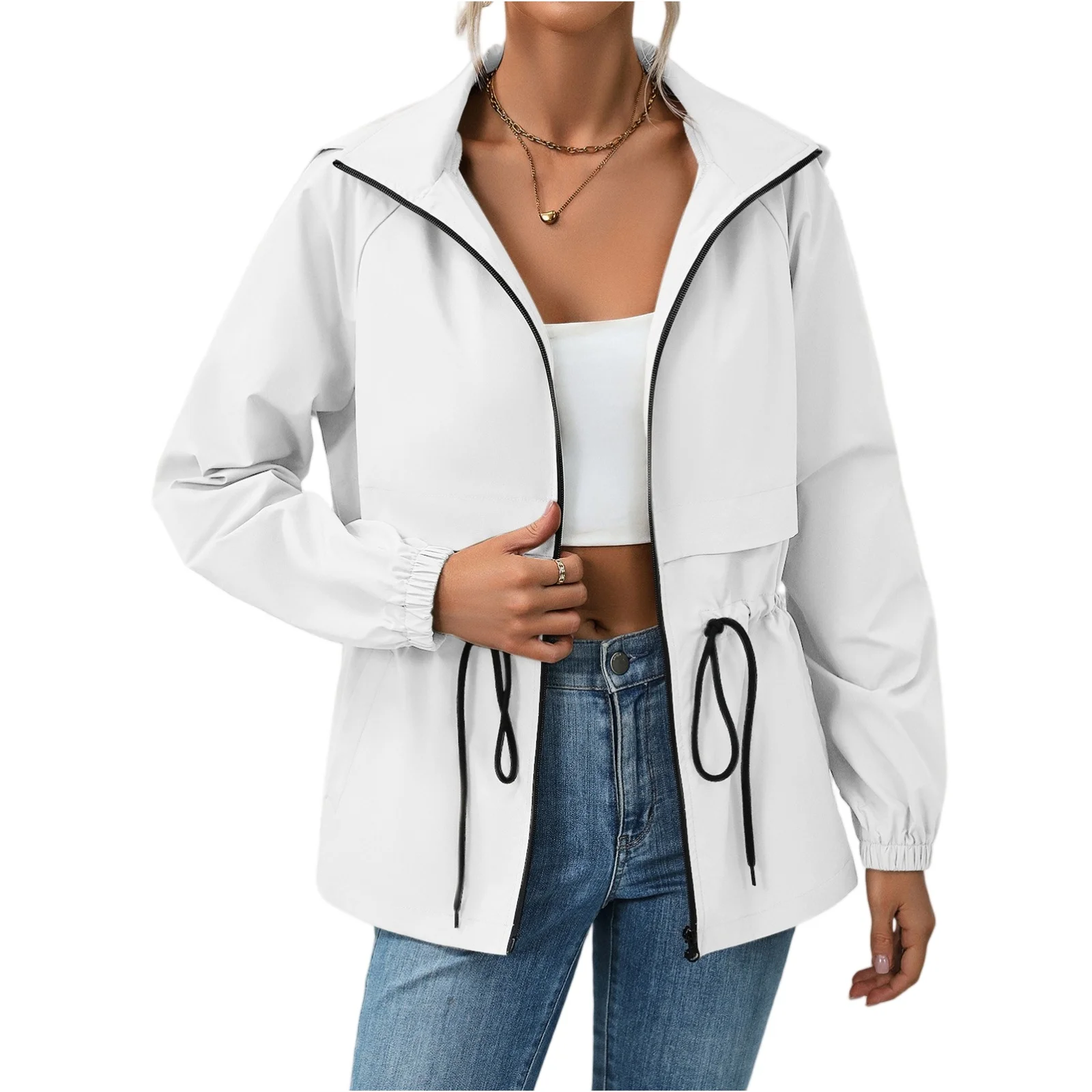 Women Solid Jackets Windbreaker Long Slim Fit Coats Hooded Lightweight Raincoats Fall Streetwear Waterproof Jacket For Women