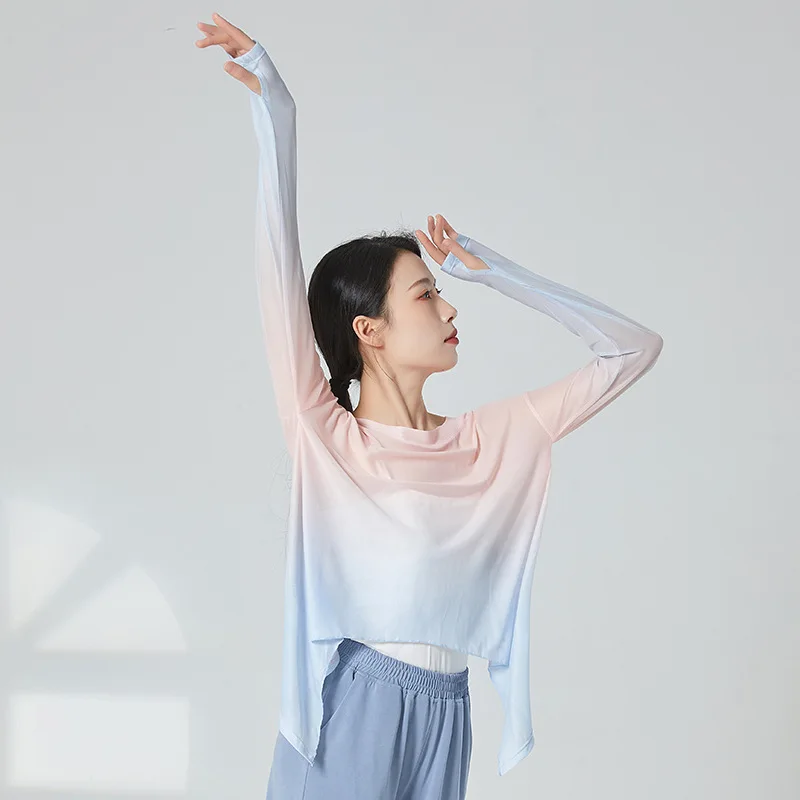 Adult Gradient Gauze Modern Dancer Wear Classical Dance Costume Ballet Leotard Top Crewneck Dance Clothing Running Tees Yoga Top