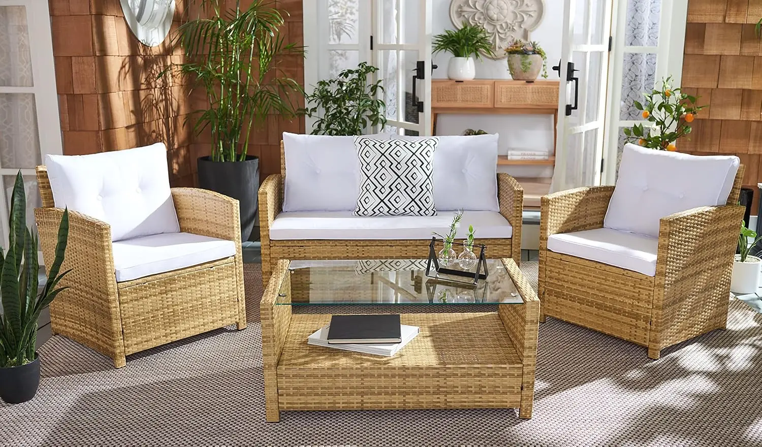 SAFAVIEH Outdoor Collection Vellor Natural/White Cushion 4-Piece Conversation Patio Set PAT7516D