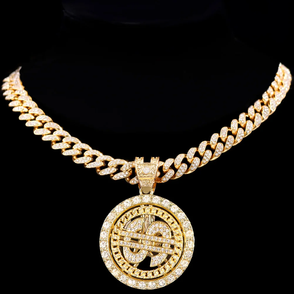 Men Hip Hop Cuban Link Chain Rotatable Dollar Pendant Necklace Iced Out Bling Zircon Stainless Steel Chain Necklaces Jewelry