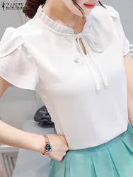 ZANZEA Women Lace-up Neck Blouse 2024 Summer Petal Short Sleeve Shirt Tops Korean Elegant Office Ruffle Tunic Casual Solid Blusa