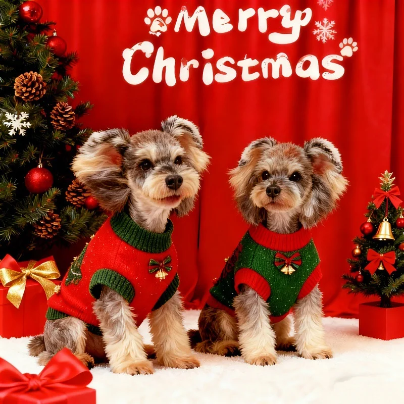 Christmas Dog Sweater Xmas Tree Embroidery Pet Knit Clothes Warm Winter Pullover Costume with Pom‑pom for Small Dogs Puppies