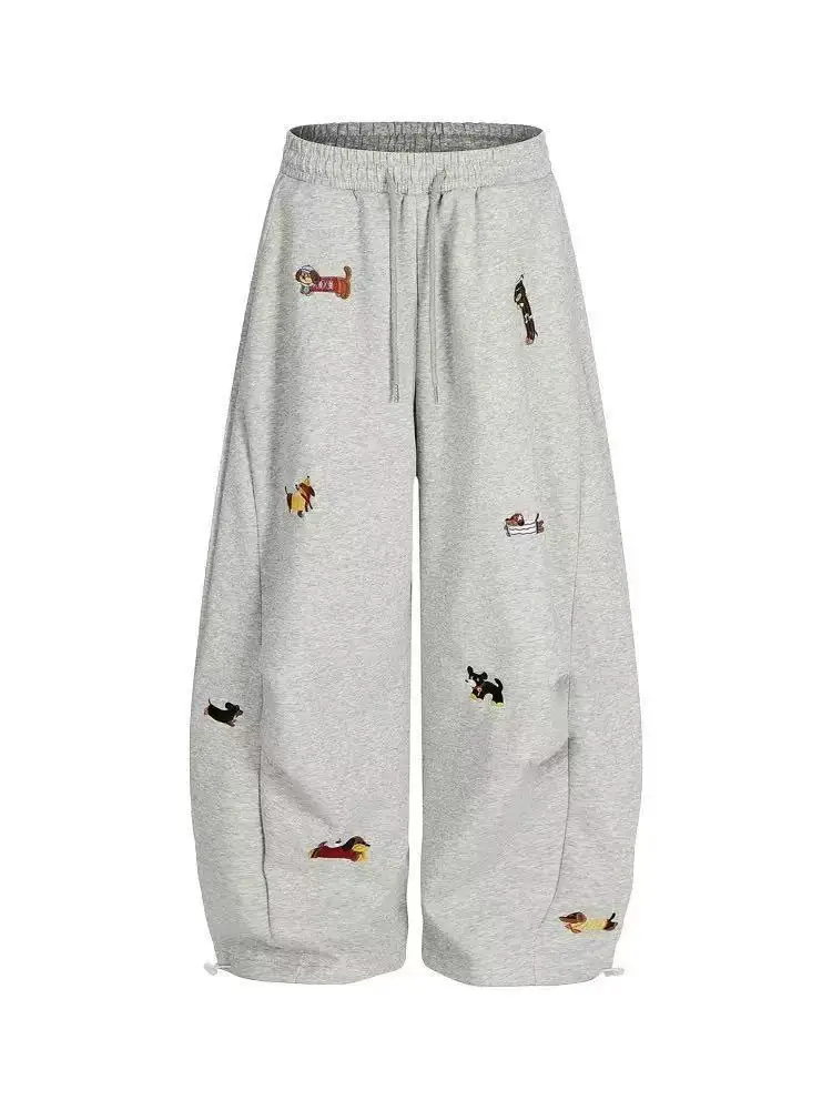 Unisex Men Women Western Style Straight Leg Trousers Cute Dog Embroidery Loose Wide Leg Soft Breathable Spring Autumn Daily Hip