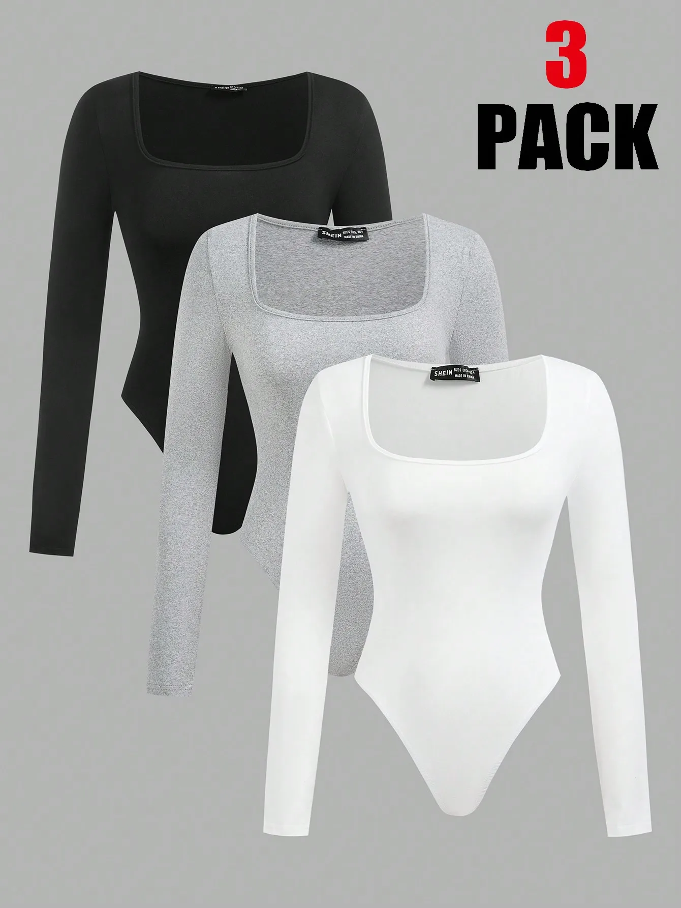 

BWQ 3pcs Women's Square Neck Long Sleeve Fitted Elegant Solid Color Bodysuit Set