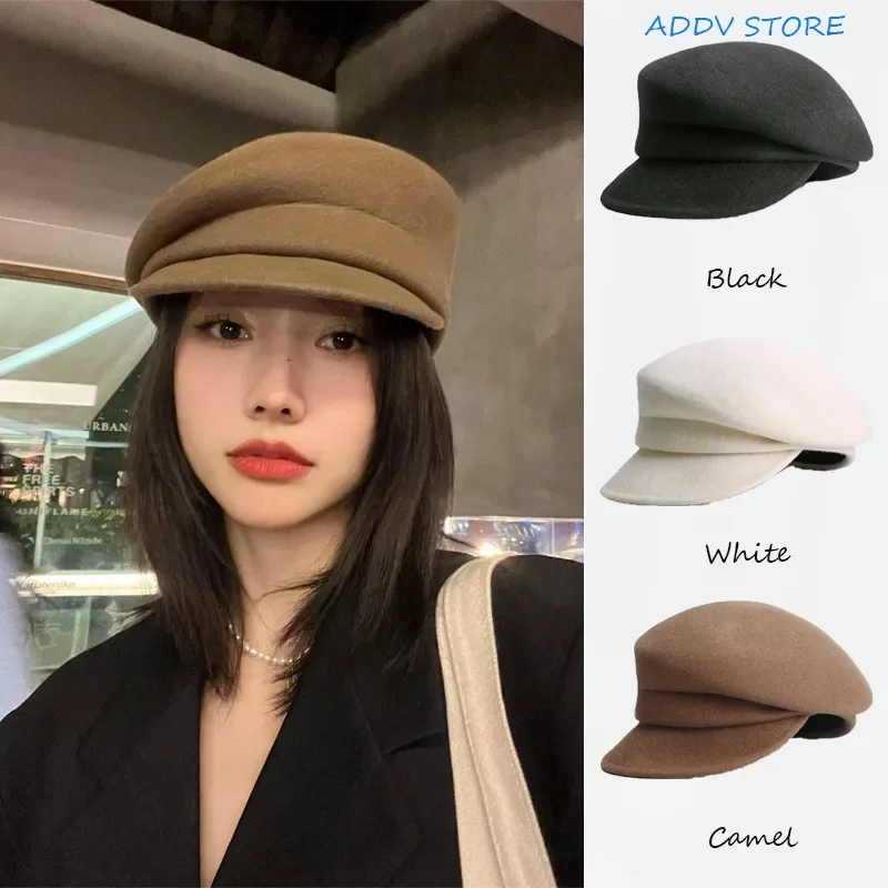 

High-end Japanese Wool Tweed Newsboy Cap Female Fall and Winter Octagonal Hat Black Beret Bowler Hat Sheep Felt Cap