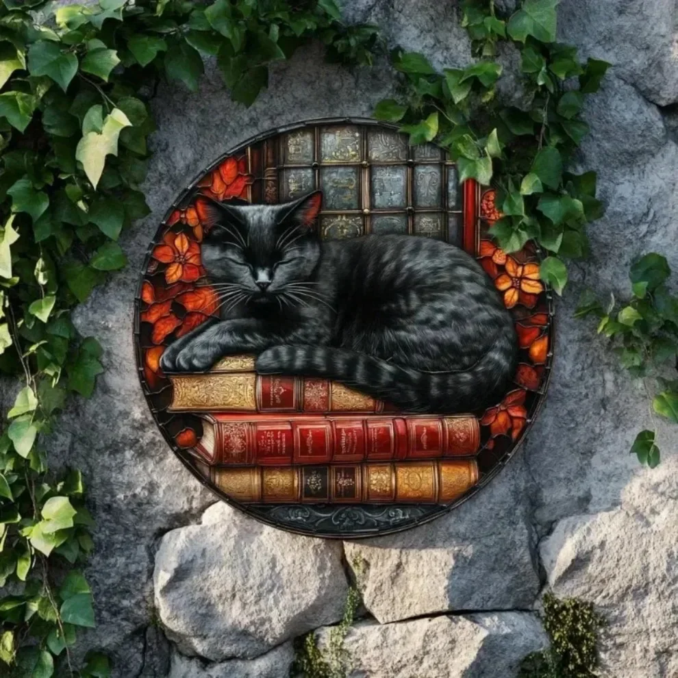 علامة إكليل القطة السوداء الغامضة جولة الألومنيوم جدار ديكور احباط النقش المنزل