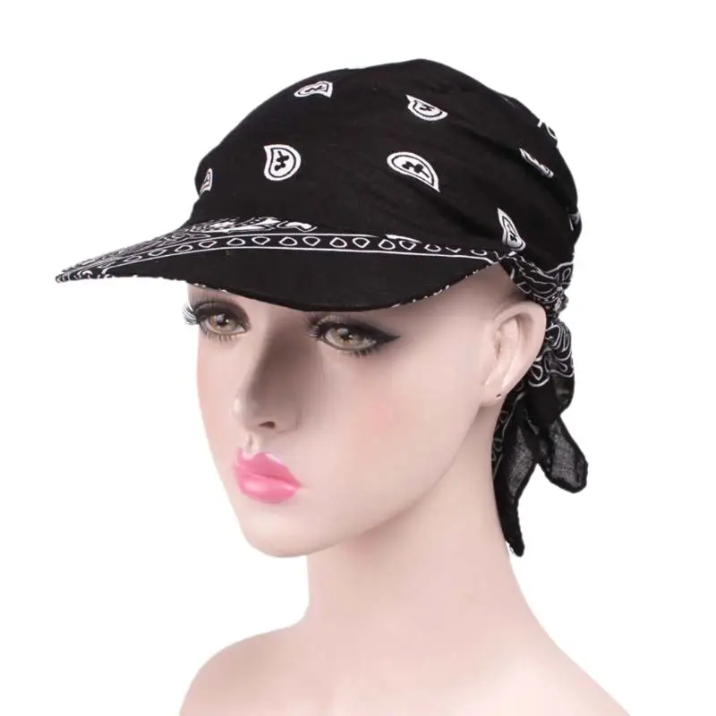 Women Unisex Visor Pre Fitted Bandana Turban Hat Boho Paisley Floral Printed Tie