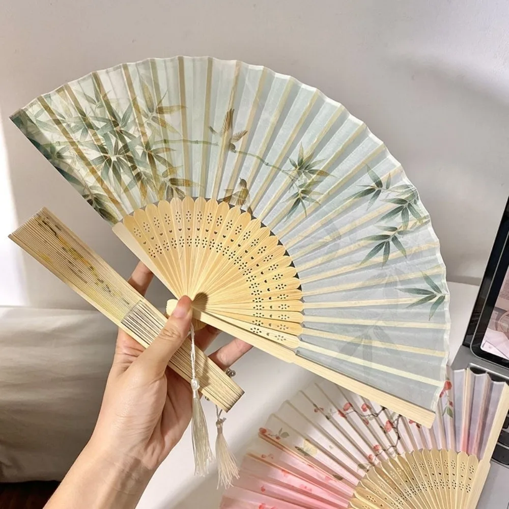 Classical Chinese Style Tassel Folding Fan Swallow Butterfly Bamboo Fan Orchid Lotus Handheld Fan Hanfu Accessories