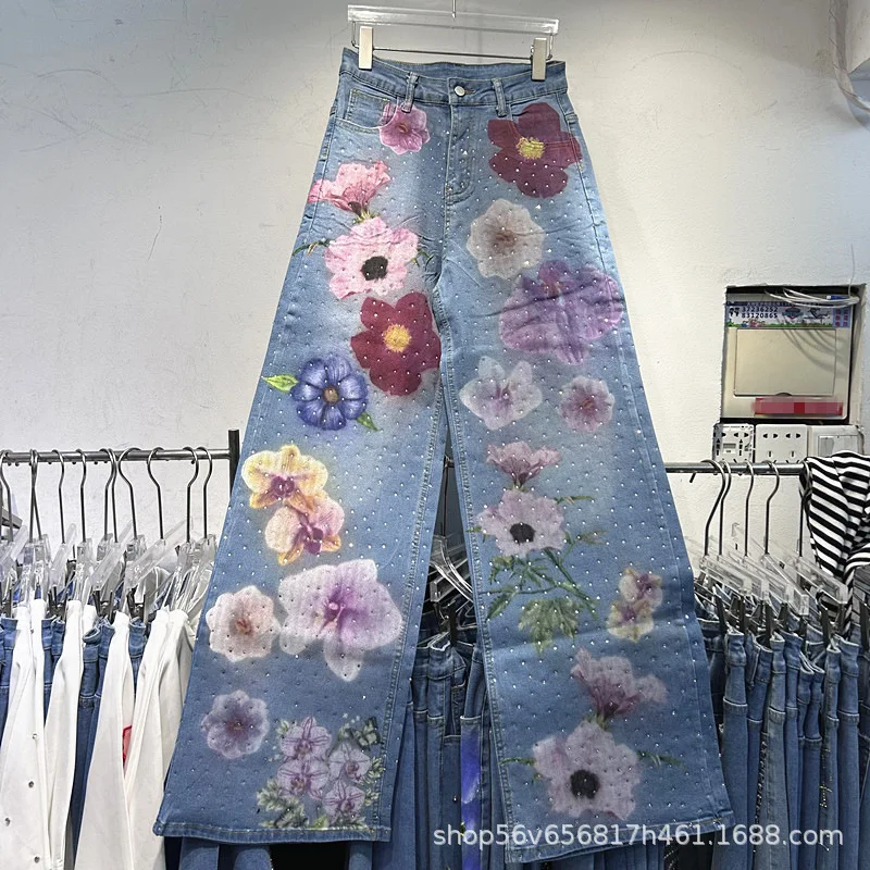 トレンドプリントワイドレッグデニムパンツ レディース 春新作 ハイウエスト フルダイヤモンド ストレートジーンズ モッピングフロア カジュアルパンツ