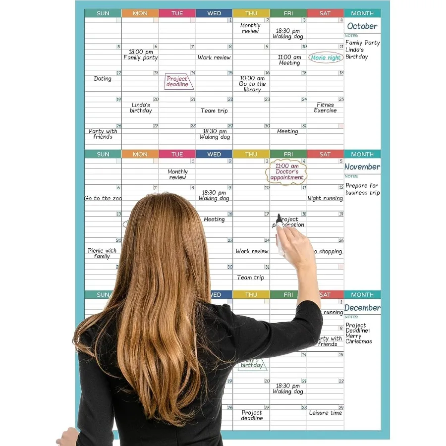 

Large Dry Erase Calendar - Undated 3 Month Dry Erase Calendar for Wall 28" x 40" Large Erasable and Reusable Calendars with 8 R