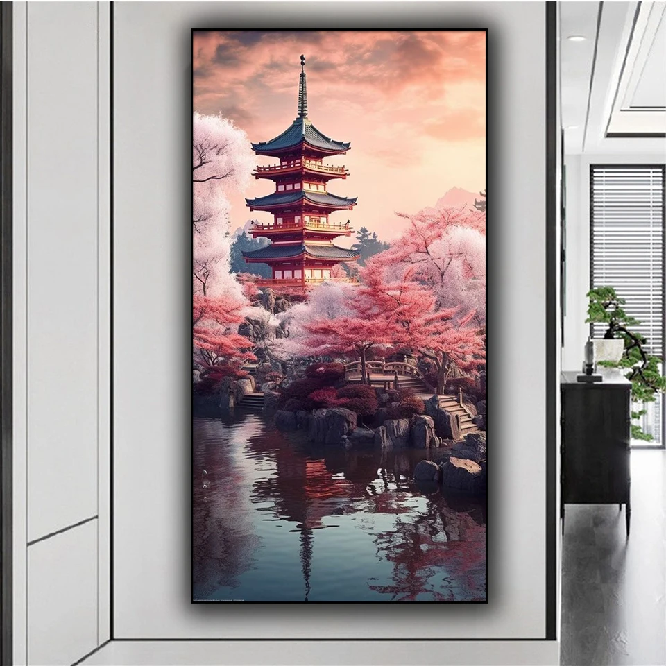 Sakura Temple Japanese DIY Diamond Painting New 2024 Full Square Round Diamond Mosaic landscape Rhinestone Pictures Home Decor